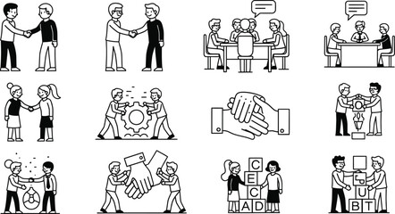 A collection of black and white line art icons depicting business meetings and collaboration scenarios