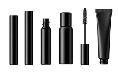 Obraz premium Black beauty product set, including a black mascara tube and brush, isolated on a transparent background. Cutout PNG file, front view