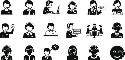 Obraz premium Collection of customer service representative icons in black and white vector format design set