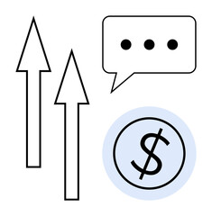 Two upward arrows, a dollar sign in a circle symbolizing financial growth, and a speech bubble with three dots for communication. Ideal for business, economics, communication, teamwork, finance