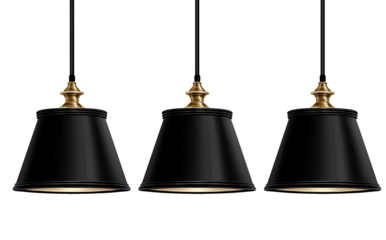 Black hanging pendant light with three black shades, isolated on a transparent background in PNG format 