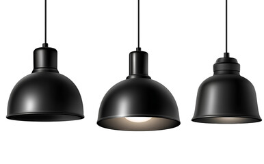 Black hanging pendant light with three black shades, isolated on a transparent background in PNG format (2)