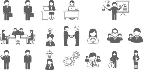 Fototapeta premium Collection of business icons representing various workplace activities and interactions in grayscale line art