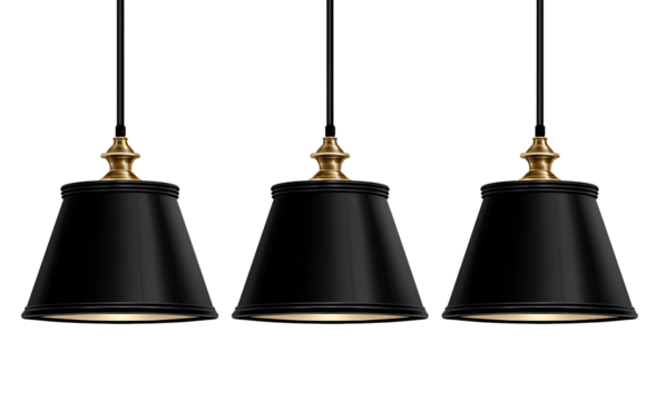 Black hanging pendant light with three black shades, isolated on a transparent background in PNG format