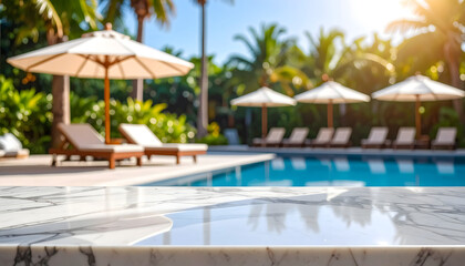 Pristine marble tabletop overlooking a sun-drenched luxury resort swimming pool with lounge chairs and parasols.