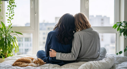 Intimate moment of a lesbian couple sitting in front of window while embracing on bed, looking towards the future