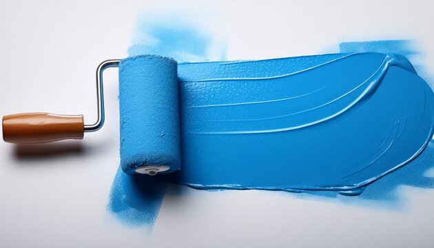 a paint roller glides over a white surface applying a pristine layer of vibrant blue paint showcasing the creative process of transforming spaces through color and texture
