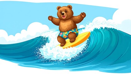 Cartoon bear surfing a wave