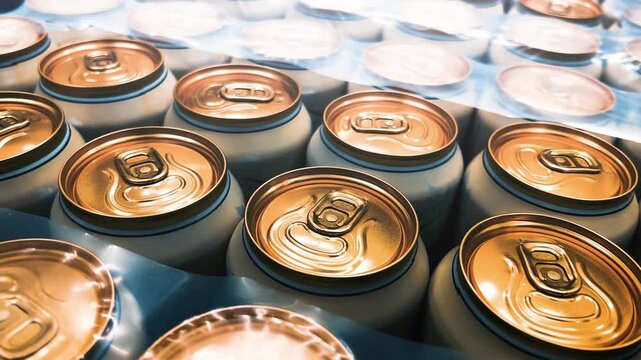 Overhead Close-Up View: Aluminum Beer Cans with Golden Pull-Tab Tops in Plastic Wrap | Commercial Beverage Distribution Warehouse Storage | Industrial Food Service Supply Chain