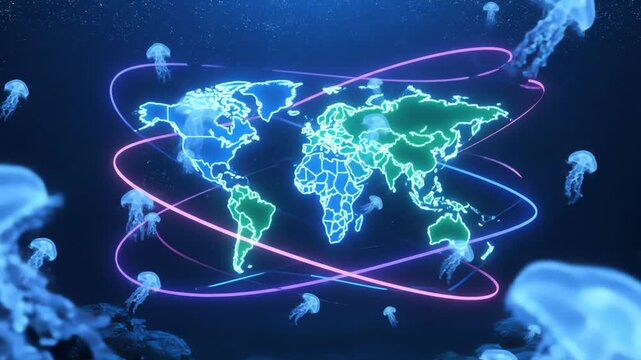 Abstract underwater shot featuring a pixelated world map in blue and green, encircled by glowing pink rings and surrounded by jellyfish against a deep blue background.