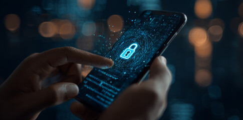 Close up shot of hands interacting with smartphone displaying digital lock symbol, representing security and technology