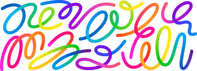 Abstract Gradient Color Lines Set. 3D Wave Line Shapes Pattern. Vector Spiral Rainbow Color Ribbons Isolated on a White Background.