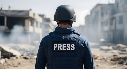 Journalist wearing press vest and helmet in war zone, documenting conflict and its impact