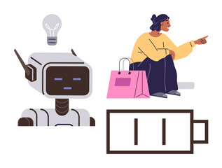 Robot with lightbulb symbolizing innovation, low battery icon, and woman with shopping bags pointing forward. Ideal for technology, innovation, AI, energy, e-commerce, communication and future