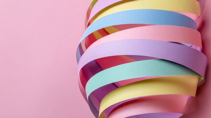 Colorful paper ribbons swirl gracefully against soft pink background, creating vibrant and playful atmosphere