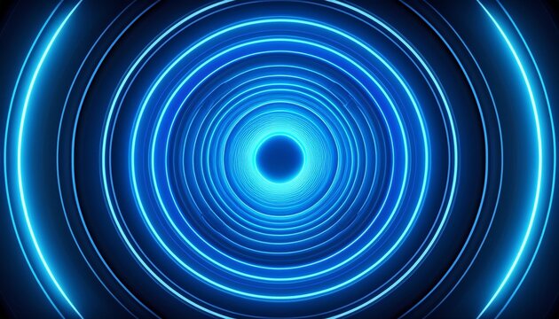 abstract futuristic background with blue neon light rings in the tunnel