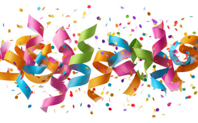  Colorful party decorations like streamers, confetti, and celebration horns, isolated on a transparent background, in a cutout PNG file 