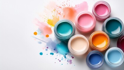 open jars with watercolor paint in pastel tones and colorful splashes on white background flat lay composition with copy space watercolor painting and creative art supplies concept