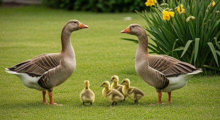 Obraz premium Two geese standing on green grass with four goslings near yellow flower plants