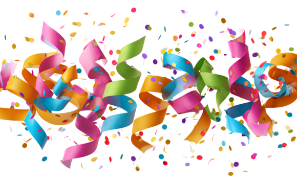  Colorful party decorations like streamers, confetti, and celebration horns, isolated on a transparent background, in a cutout PNG file 