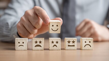 Happy Man Holding Smiling Emoji Block in Front of Sad and Neutral Blocks on Wooden Table