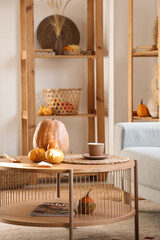 Pumpkins on table in cozy living room