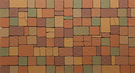 Close up of a colorful brick pattern with varying shades of brown and green hues