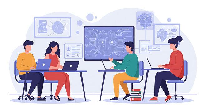 Flat and colorful vector illustrations of artificial intelligence in education, students with robots, online learning, coding, futuristic classrooms, digital teaching tools, and modern AI technology