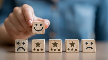 Happy Person Holding Smiley Face Wooden Block with Sad and Star Ratings on Wooden Cubes