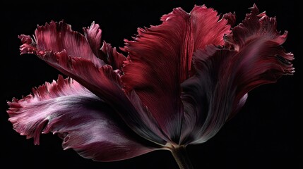 Dark Red Tulip Closeup Velvet Petals, Intense Color, Dramatic Moody Floral Photography Studio Shot Black Background Isolated Single Bloom Rich