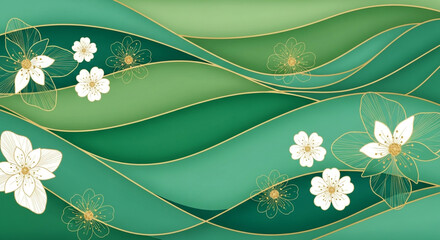Abstract green waves with white flowers and golden lines decorative background