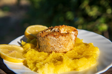 Fried hake fish on the table