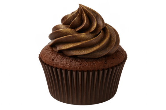 Delicious chocolate cupcake with gold sprinkles on transparent background