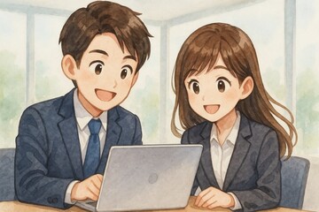 ノートパソコンで一緒に仕事をする男女