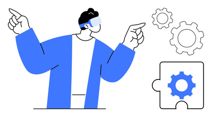 Person wearing VR headset with hands raised, interacting with gear icons and puzzle piece. Ideal for technology, innovation, problem solving, VR, AR, education, simple landing page