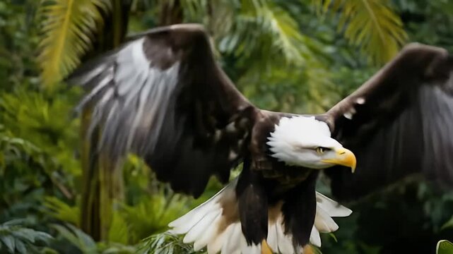 Bald eagle flying through a lush green tropical jungle	