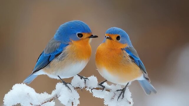 Two bluebirds on snowy branch
