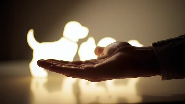 Silhouette of a hand holding space, illuminated dog figurines in the background.