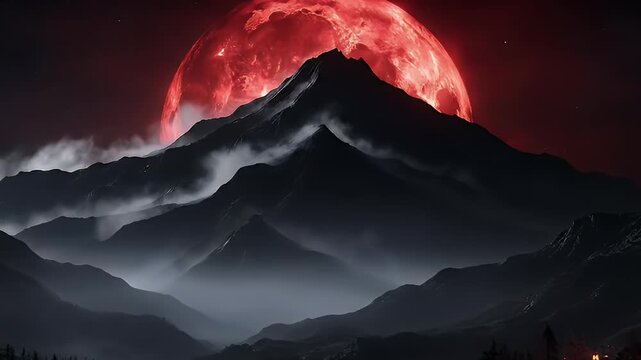 Eerie Blood Moon Illuminates Dark Mountain Peaks at Night.
