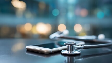 Medical Stethoscope and Smartphone on Hospital Desk with Blurred City Lights Background