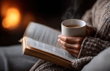 Woman wearing a knitted sweater is relaxing by the fireplace reading a book while enjoying a steaming mug of coffee or tea