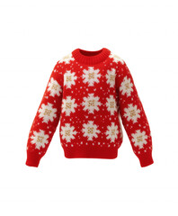 Vibrant red knitted sweater with white and gold snowflake pattern on transparent background