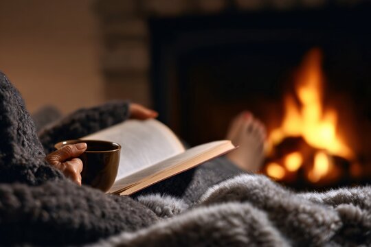 Woman relaxing on a cozy sofa, reading a book and sipping a hot beverage while enjoying the warmth of a crackling fireplace on a winter evening