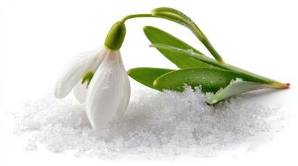 Delicate White Flower On A Bed Of Sparkling Snow Close Up Macro Photography Of A Single Blossom, Representing Spring's Arrival And New Beginnings