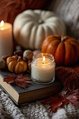 Fototapeta premium Lit candle on a book, surrounded by pumpkins, acorns, and autumn leaves, creating a warm and inviting fall atmosphere