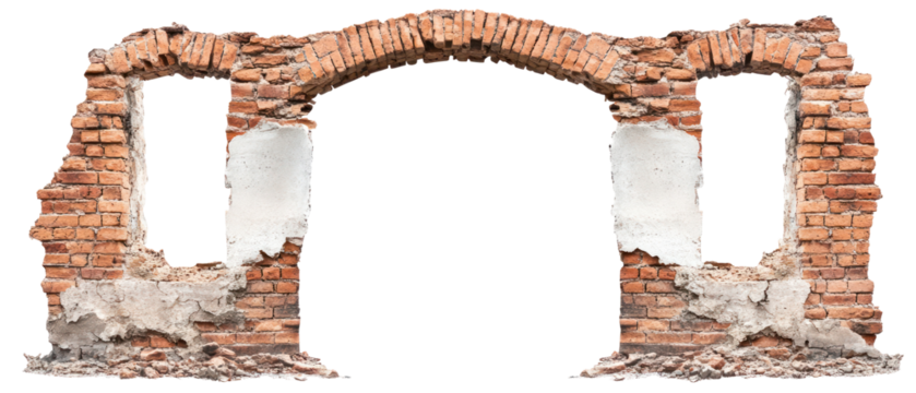 Ancient Brick Archway Structure With Weathered Texture And Openings On Transparent Background