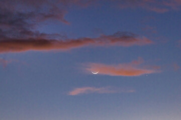 Pink mclouds with deep blue sky as a sliver moon rises.