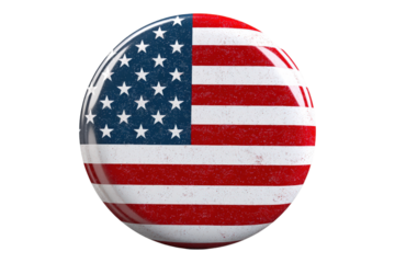 A vibrant round American flag button with a glossy distressed surface texture Clear reflections are visible