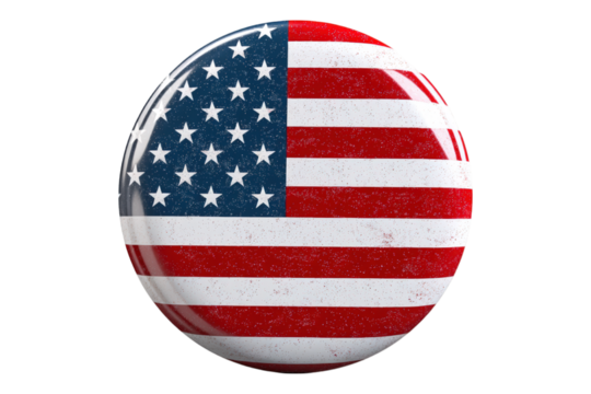 A vibrant round American flag button with a glossy distressed surface texture Clear reflections are visible