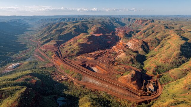 Aerial View Of A Large Scale Open Pit Metal Mine In A Remote Desert Region, Showing Extensive Excavation And Transportation Infrastructure Under A